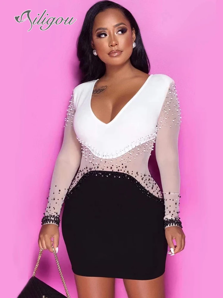 

Женское облегающее платье Ailigou из искусственного шелка с длинными рукавами и вышивкой бисером, элегантное мини-платье для клуба и вечеринки