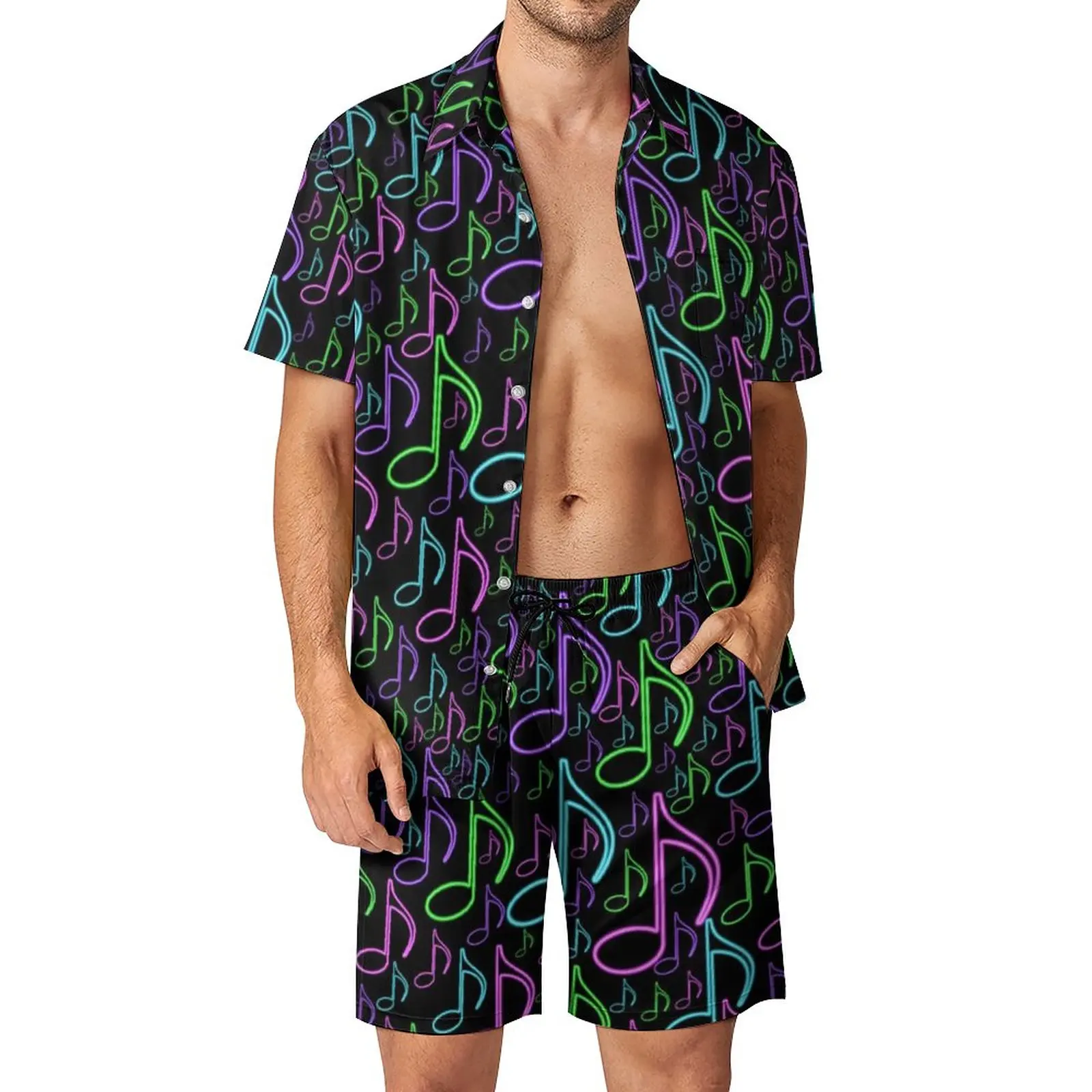 

Colorful Music Men Sets Eighth Notes Random Print Casual Shirt Set Fashion Vacation Shorts Summer Custom Suit Two-piece Clothing