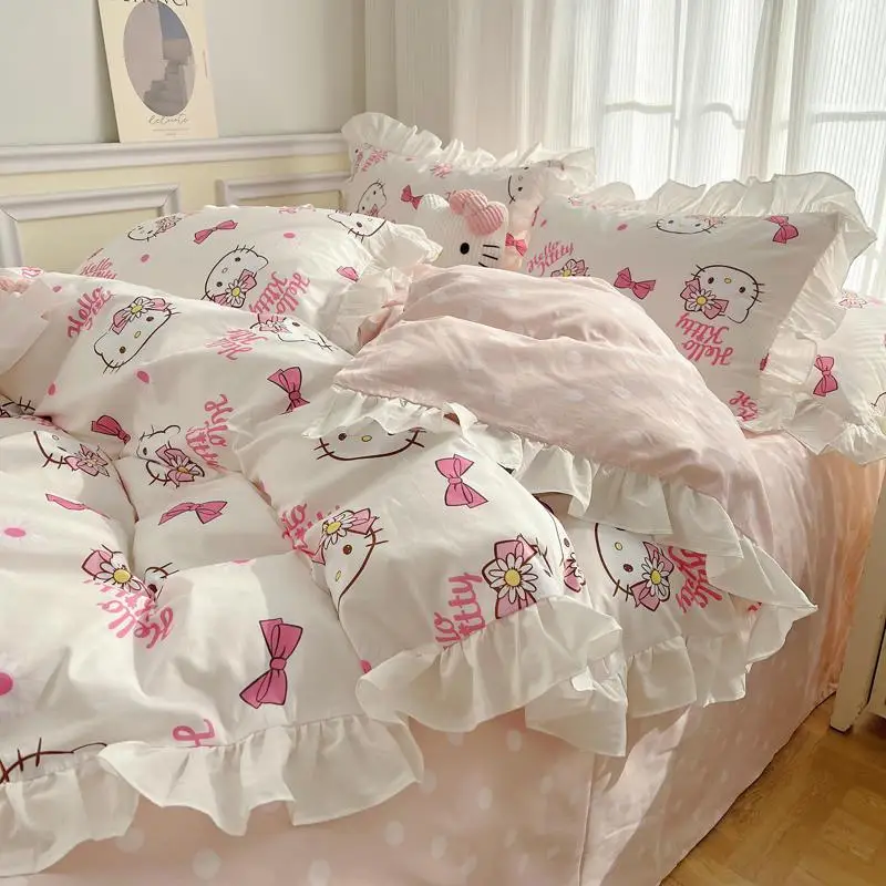 Sanrio Kawaii Hello Kitty Cotton Cartoon Bed Four-piece HelloKitty Cute Cotton Skin-Friendly Three-piece Sheet Holiday Gift