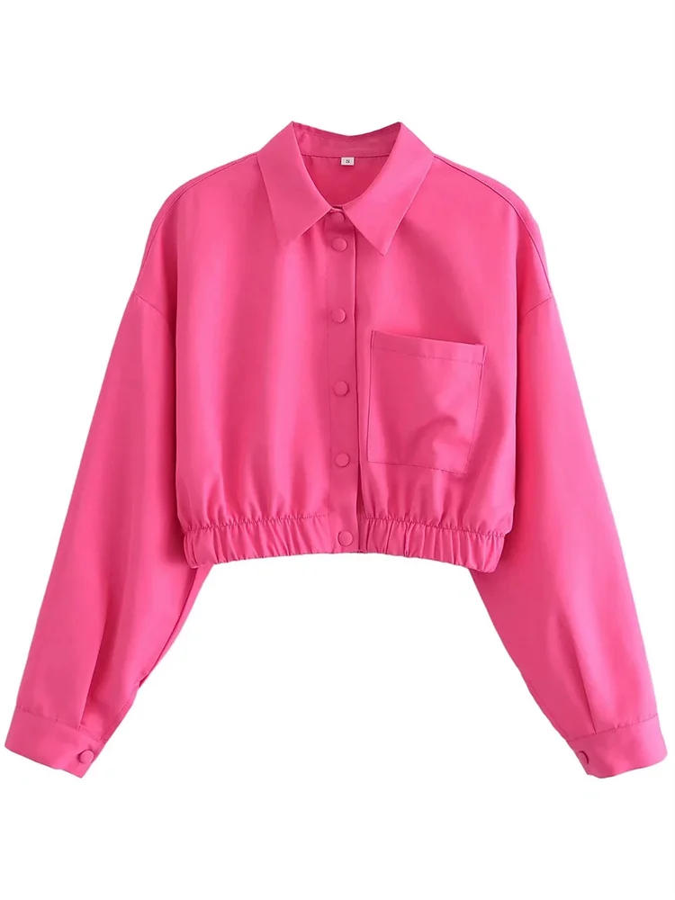 

Elegant Women Rose Red Elastic Waist Cropped Denim Jacket 2022 New Casual Girls Single Breasted Solid Color Pocket Streetwear