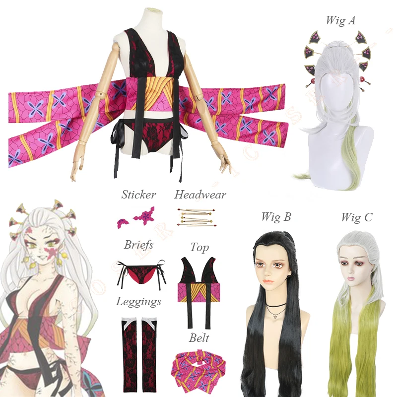 

Anime Demon Slayer Daki Cosplay Costume Wig Kimetsu No Yaiba Upper Rank Six Entertainment District Arc Green Black Hair Headwear