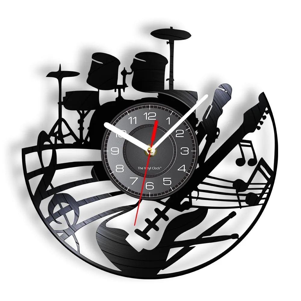 Guitar and Drum Kits Wall Clock Guitar Player Music Vinyl Record Clock Rock Music Instrument Guitar Wall Art Rock N Rock Gift