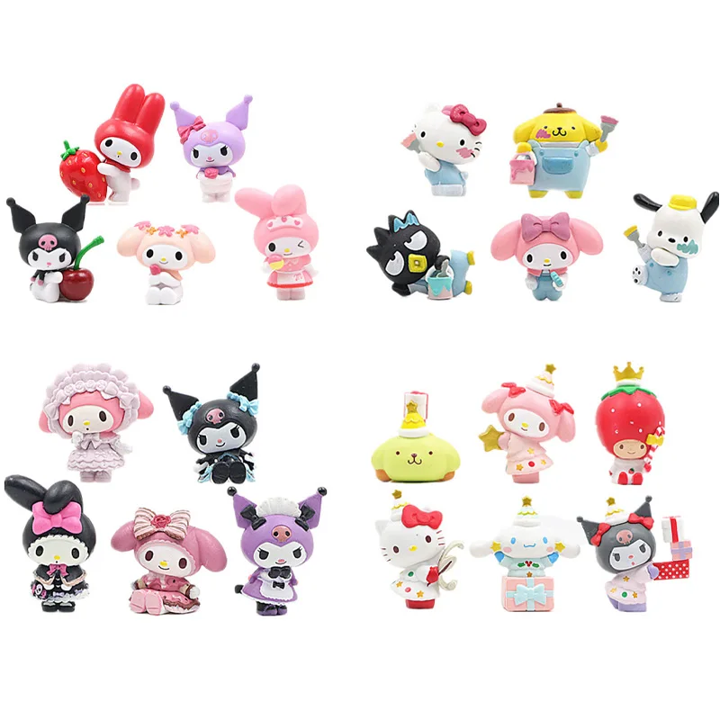 

Kawaii Mini Sanrio Набор фигурок Hello Kitty Kuromi мультфильм My Melody Pom пурин ПВХ аниме куклы модель для украшения торта подарок