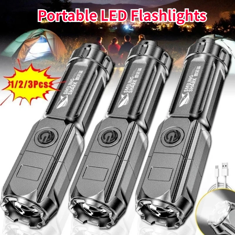 

3PCS LED Outdoor Flashlights Portable Super Bright High Power Zoom Waterproof USB Charging Flashlight Camping Hiking Torch Light