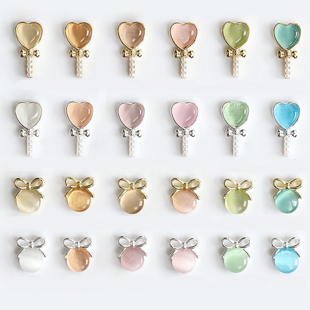 

10Pcs Cat's Eye Bow Nail Art Charms 3D Alloy Gold/Silver Cat Eye Stone Lollipop Garland Nail Art Decoration DIY Nail Accessories