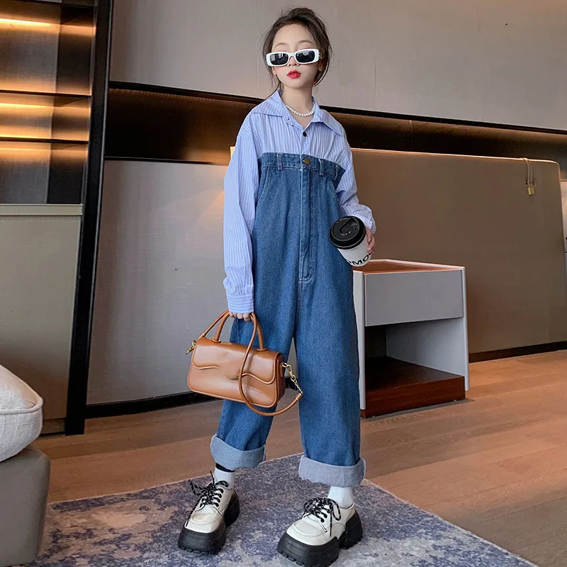 

2023 Autumn Fashion New Children Clothing Kids Striped Long Sleeve Shirt Jeans Patchwork Overalls Loose Mom Daughter Outfits