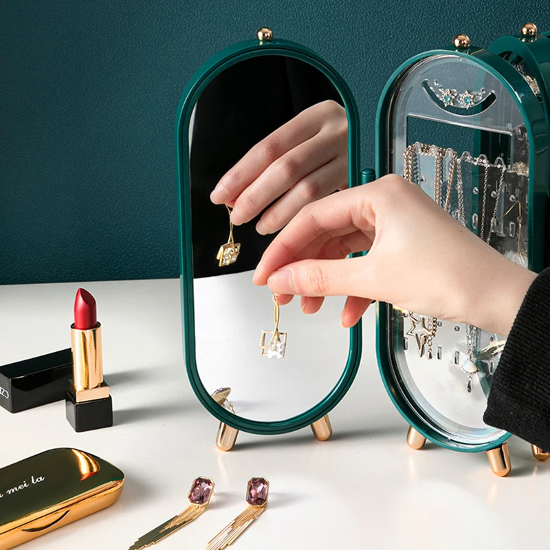 Купи Foldable Jewelry Storage Box Luxury Retro Screen With Mirror 4-Layer Earrings Necklace Holder Display Rack Dustproof Organizer за 1,178 рублей в магазине AliExpress