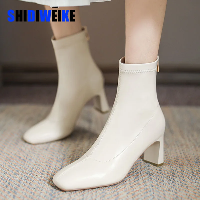 

Autumn Women Botines Woman Casual Mid Heels Ankle Booties Zipper Fashion Square Toe Short botas femininas AD2523