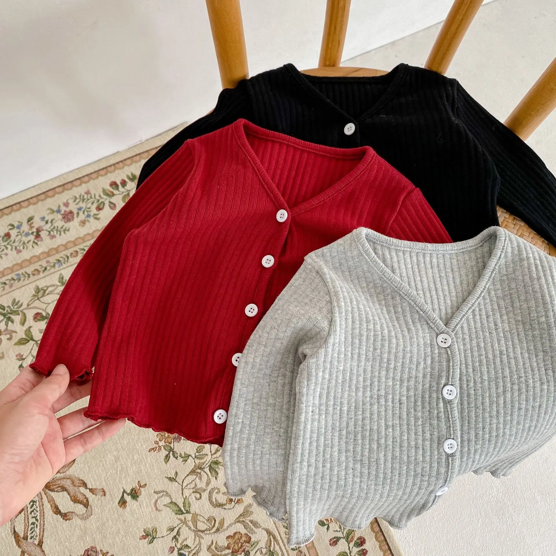 Ins 2023 Spring Autumn Newborn Baby Girls Cardigan Cotton Long Sleeve Ribbed Versatile Infant Girls Coat Toddler Girls Outfits