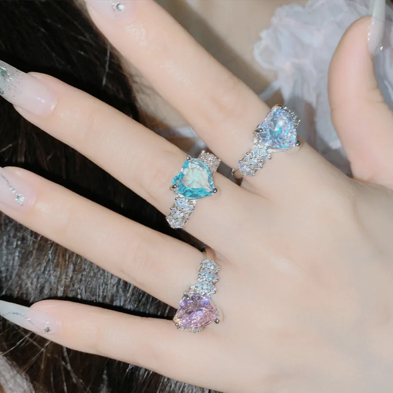 

New Arrival Sterling 925 Silver Romantic Heart Wedding Rings for Women AAA Cubic Zirconia Sweet Bridal Statement Finger Rings