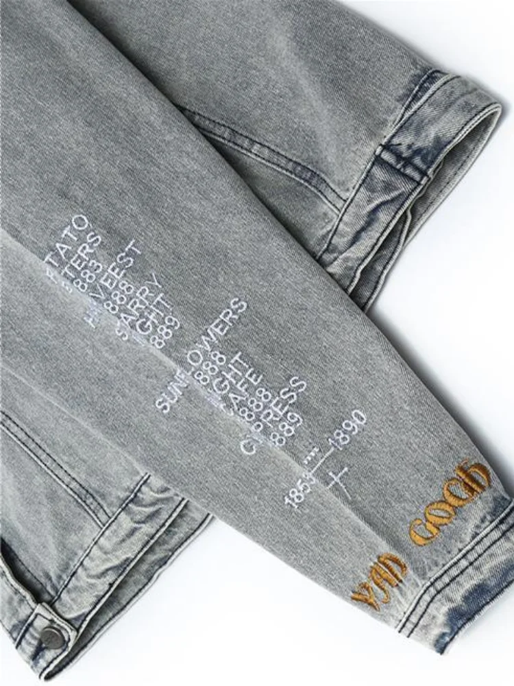 Мужская джинсовая куртка с нашивкой Ван Гога однобортная Повседневная вышивкой