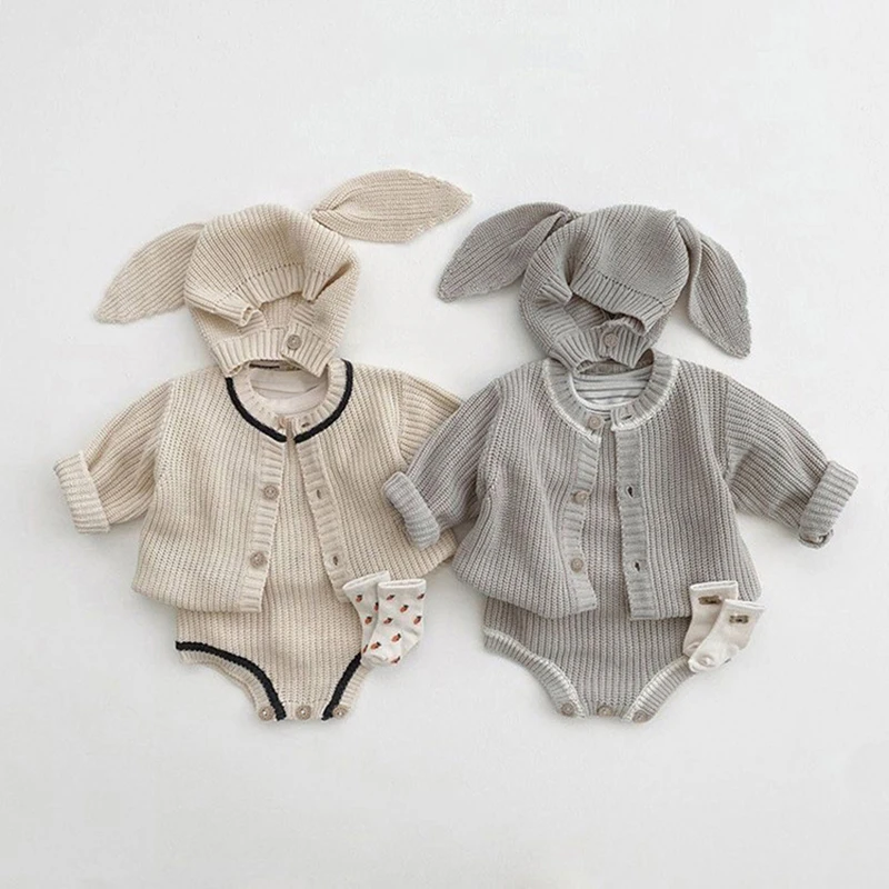 2023 Spring Baby Clothing Set Knitted Baby Boy Girl Clothes Newborn Cardigan+One Piece+Hat Suit Long-sleeved Knitted Sweater