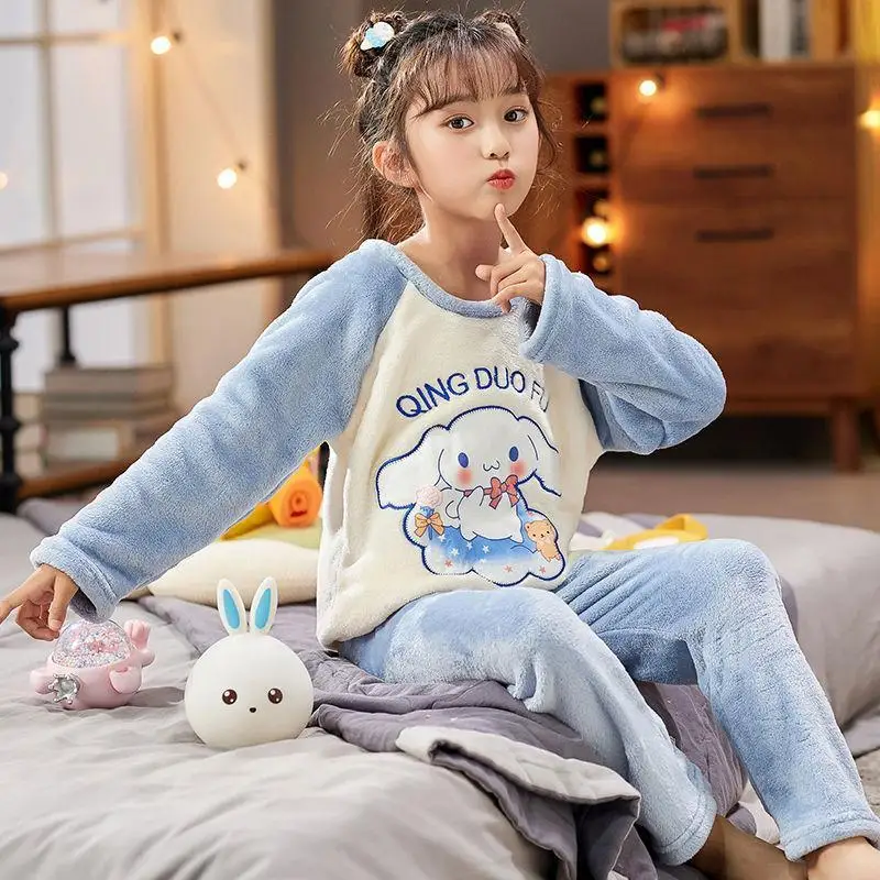 

New Kawaii Cartoon Sanrios Plush Pajamas Cinnamoroll Kuromi Kittys Cute Anime Winter Children Dormitory Tracksuit Suit Thicken
