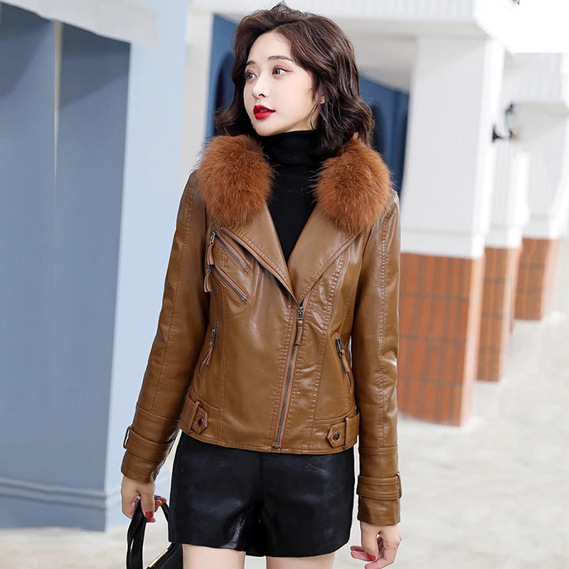 

Fox Fur Collar Leather Coat Female Short Spring and Autumn Casual Slim fit Fashion Irregular Zipper Genuine Leather Jacket