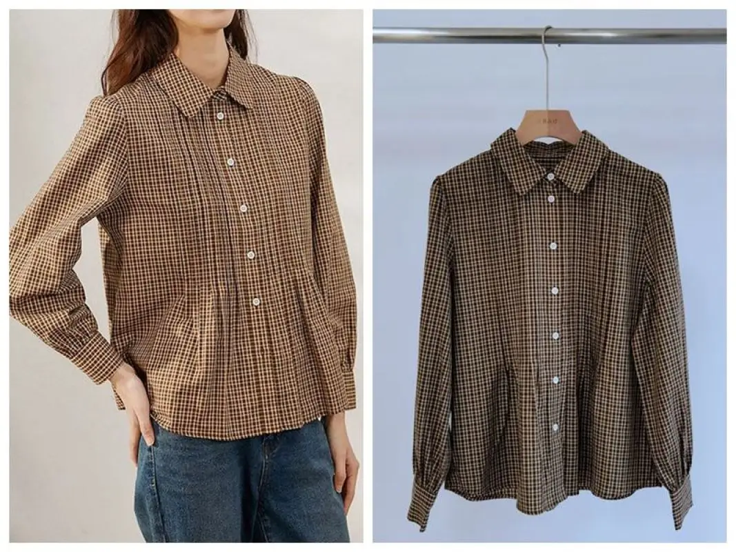 

Autumn Women's Long-sleeved Shirt Doll Age Reduction Fashion Brown Plaid Cotton Korean Style Shirt