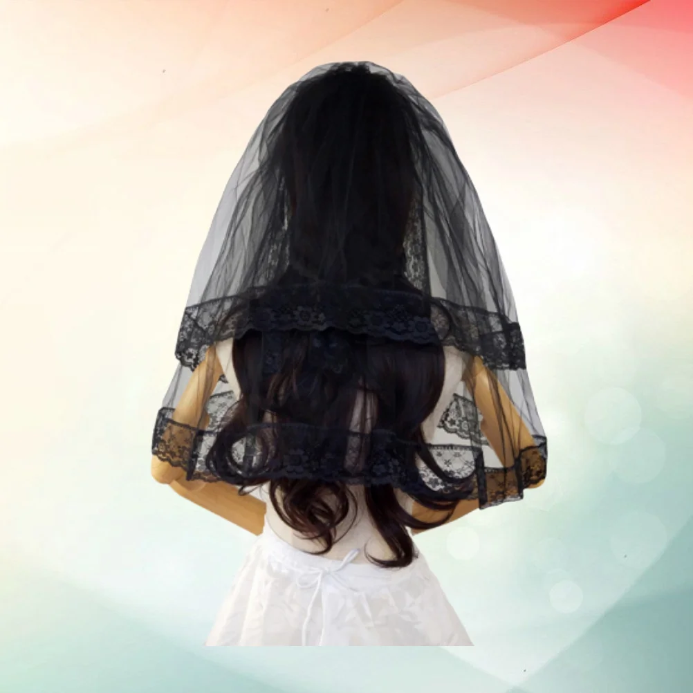 

Двухслойная Черная кружевная Фата 60 см, короткая свадебная фата для косплея, аксессуары для волос с гребнем для волос для свадебной фотосъемки