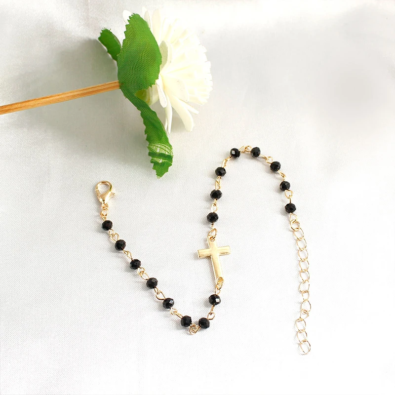 

New Fashion Rosary Style Sideways Cross Bracelet Black Stone Beaded Gold or Chain Bracelets for Women Girls