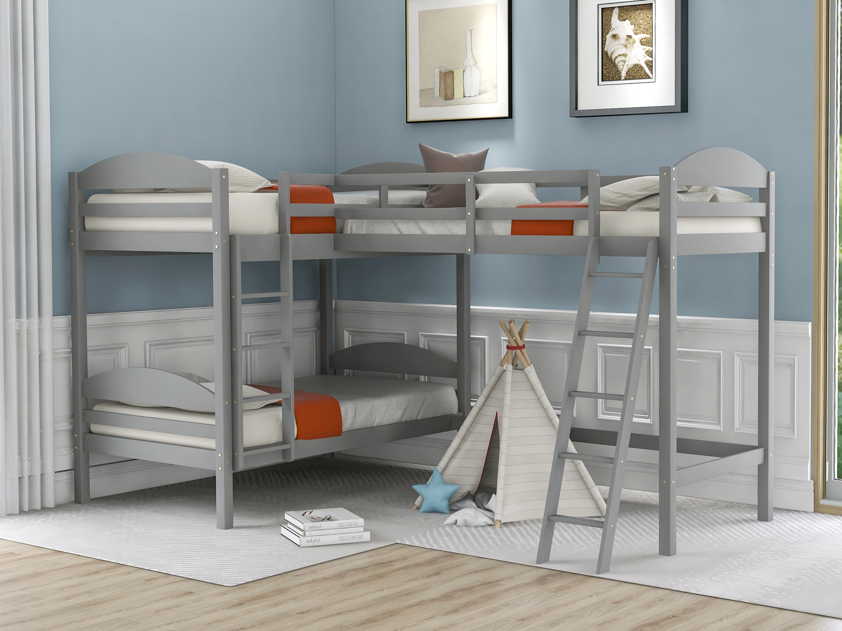 

(US Stock) Twin L-Shaped Bunk Bed and Loft Bed