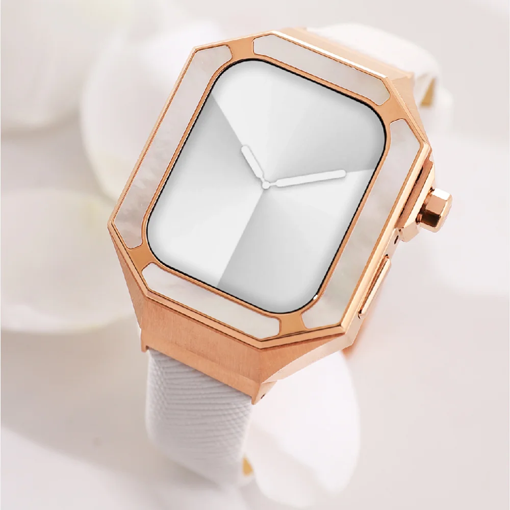 White Pearl Fritillaria Case for Apple Watch Band 41mm 40mm Metal Strap for Iwatch Series 8 7 6 5 4 SE Lady DIY Modification KIT