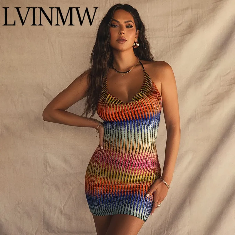 

Instahot Y2K сетчатый Холтер Мини Jurk Mouwloze прозрачные Zomer Bodycon сексуальные вечерние Vakantie уличная одежда Vrouwelijke Kleding 2022