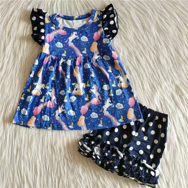 

summer child baby girl outfit kids boutique ruffle clothing set flutter sleeve top and navy blue polka dots shorts