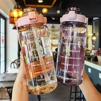 2 liter water bottle with straw female girls large portable travel bottles sports fitness cup summer cold water with time scale
