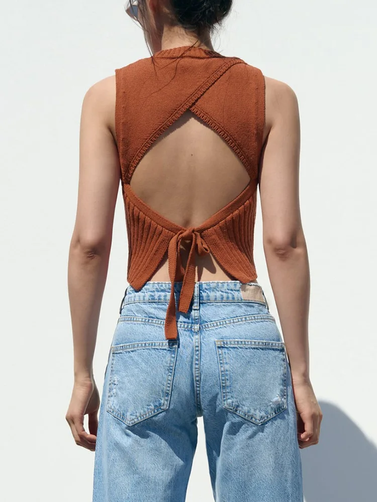 

Летние топы для женской одежды 2023, сексуальный вязаный топ с открытой спиной и завязками, уличный стиль, круглый вырез, без рукавов, приталенный укороченный топ