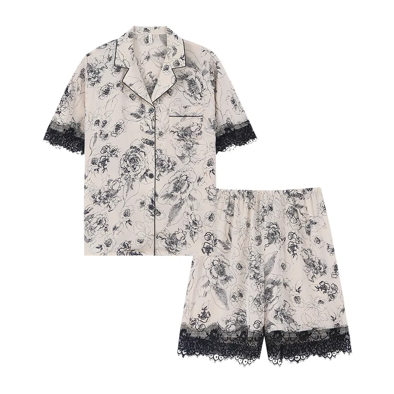 New Pajamas Women's Summer Thin Short-sleeved Lace Suit V-neck High-end Home Service Breathable Comfortable and Soft Loungewear