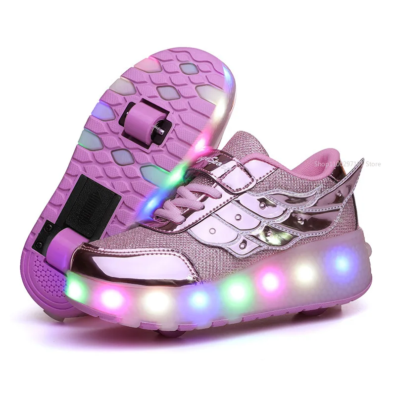 

Children One Two Wheels Luminous Glowing Sneakers Gold Pink Led Light Roller Skate Shoes Heelys Adults Girls Kids Rollerblades