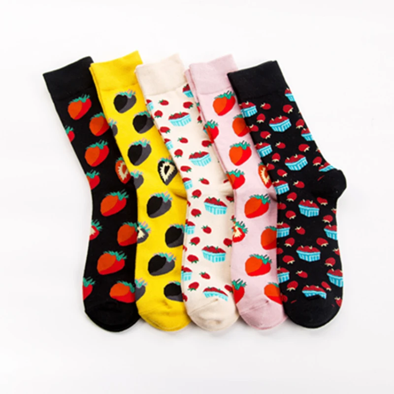 5 Pairs/Pack Fashion Harajuku High Quality Socks Men Women Creative Colorful Strawberry Fruits Casual Cotton Hip Hop Skateboard