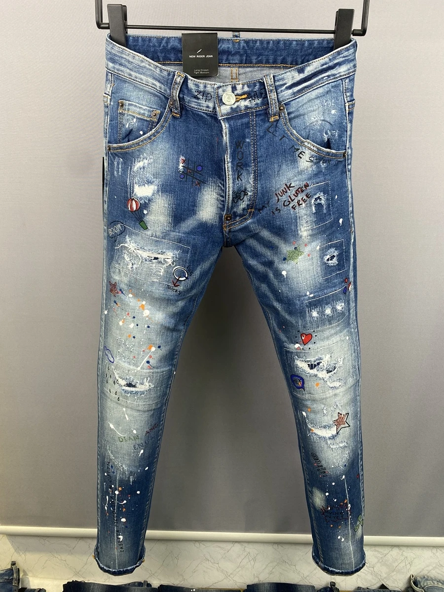 

Men's Color Print Stick Drill Hole Scratch Fashion Pencil Pants Jeans 9806#