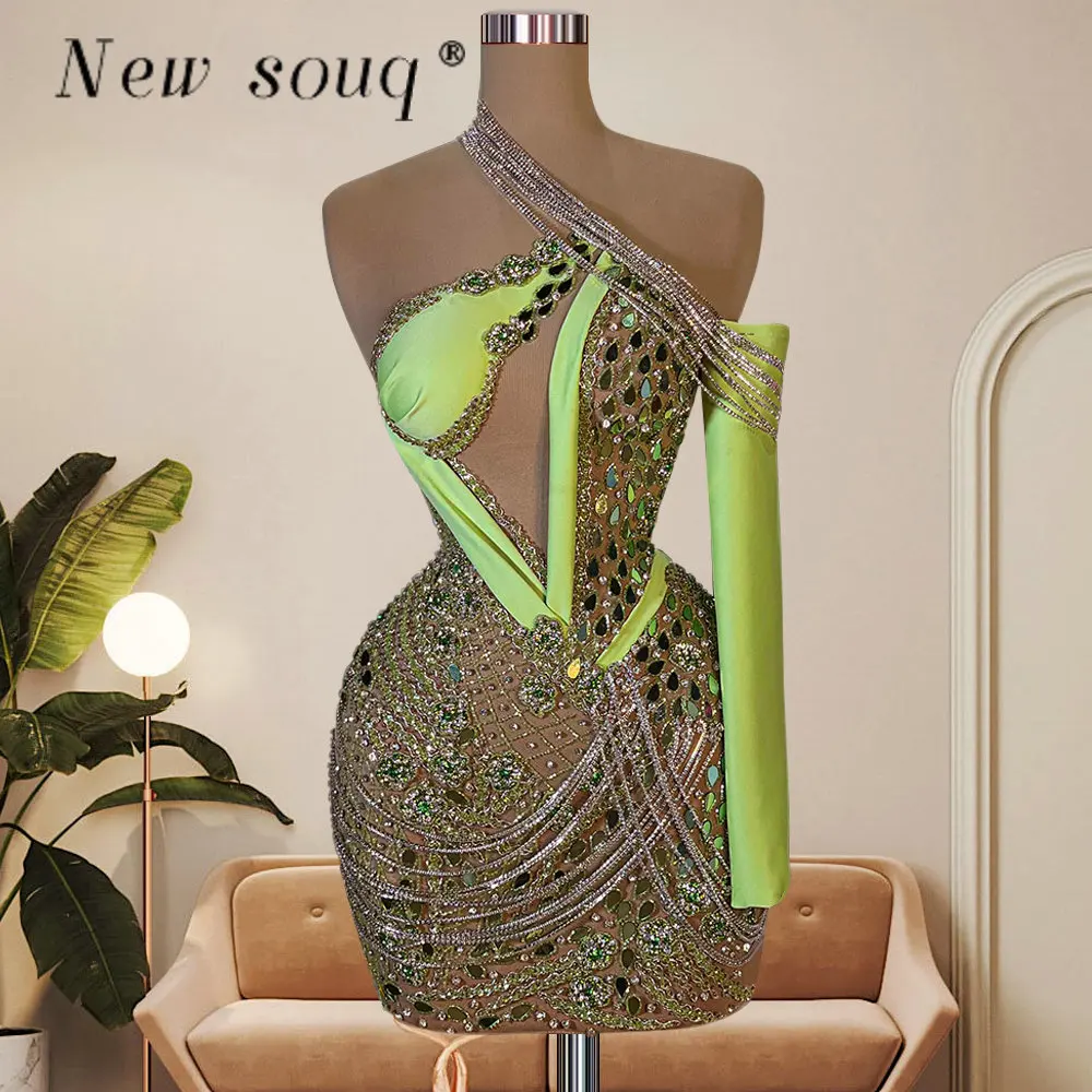 

Sparkle Lime Green Short Prom Dresses with One Shoulder Single Long Sleeve Glitter Crystals Chain Sexy Balck Girls Party Gowns