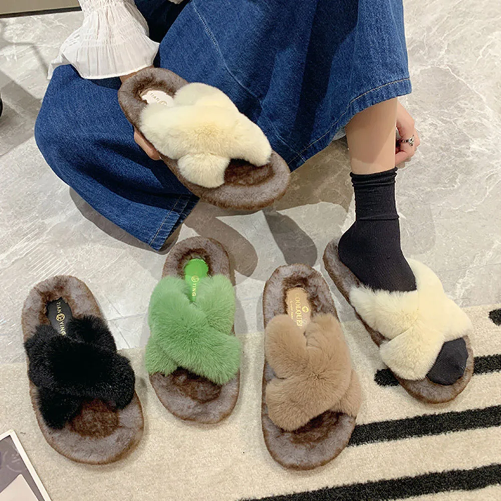 

Winter Women Thick Bottom Fur Slippers Fashion Cross Strap Design Flats Shoes Fluffy rabbit fur Plush Slides Zapatos De Mujer