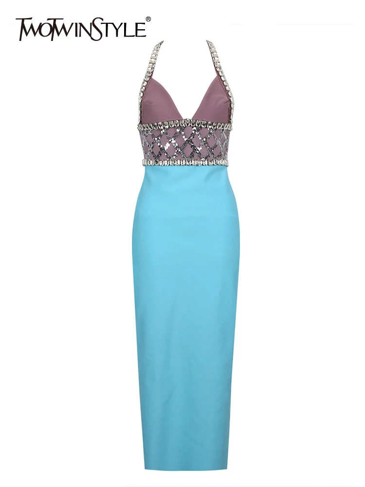 

Женское разноцветное платье TWOTWINSTYLE, разноцветное утягивающие платья с бриллиантами, без рукавов, с высокой талией и разрезом