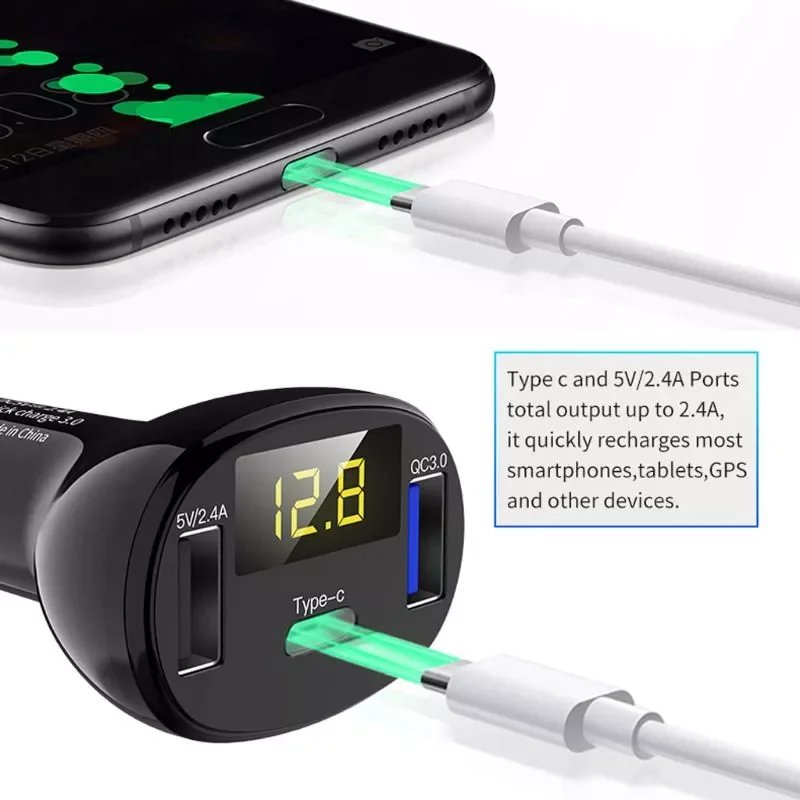 

12V 24V Auto Boat Dual USB Port QC 3.0 Type C Car Charger LED Voltmeter Mobile Phone Charging Adapter for Smartphone GPS Tablet