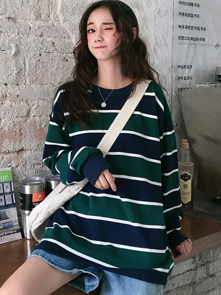

casual Oversized BF Long Sleeve O Neck hoodies Women Striped Patchwork Sweatshirts student Pullovers cotton thin Tops streetwear
