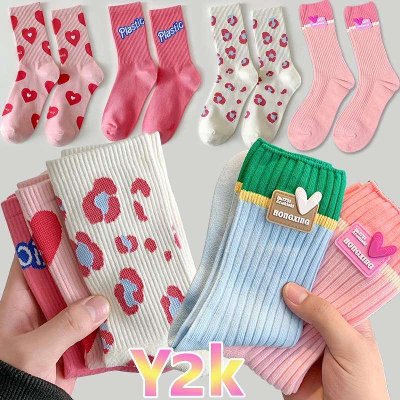

2023 New Sweet Heart Sock Mid-tube Women's Cotton Stocking Girls Pink Strawberry Pattern Cute Casual Sox Spring Summer Autumn