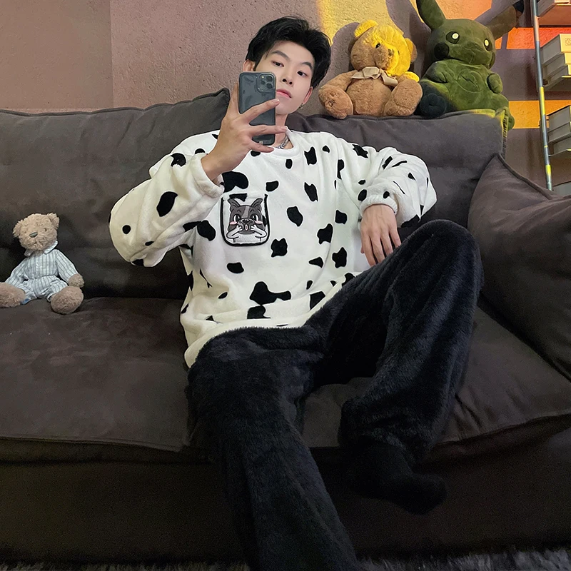 

QUHENG Winter Flannel Men Cute Pajamas Thick Couple Sleepwear 2022 New Women Pajama Set Cartoon Coral Fleece Chic Home Clothing