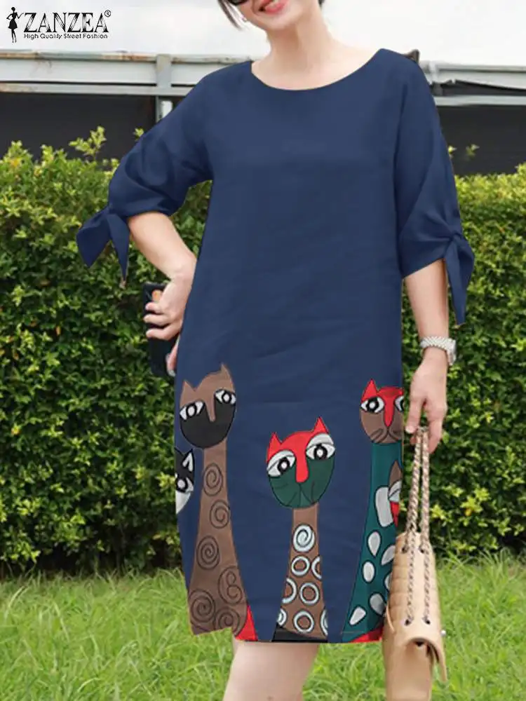 

Элегантное женское рабочее платье ZANZEA, Осенний сарафан с круглым вырезом и рукавом 3/4, повседневные праздничные платья, женское платье, платья с богемным принтом