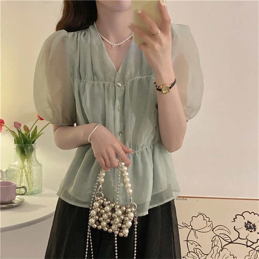 

HziriP Gentle Women Work Wear Shirts Short Sleeve Solid Chic All Match 2022 Chiffon Summer Office Lady New Loose Mujer Tops