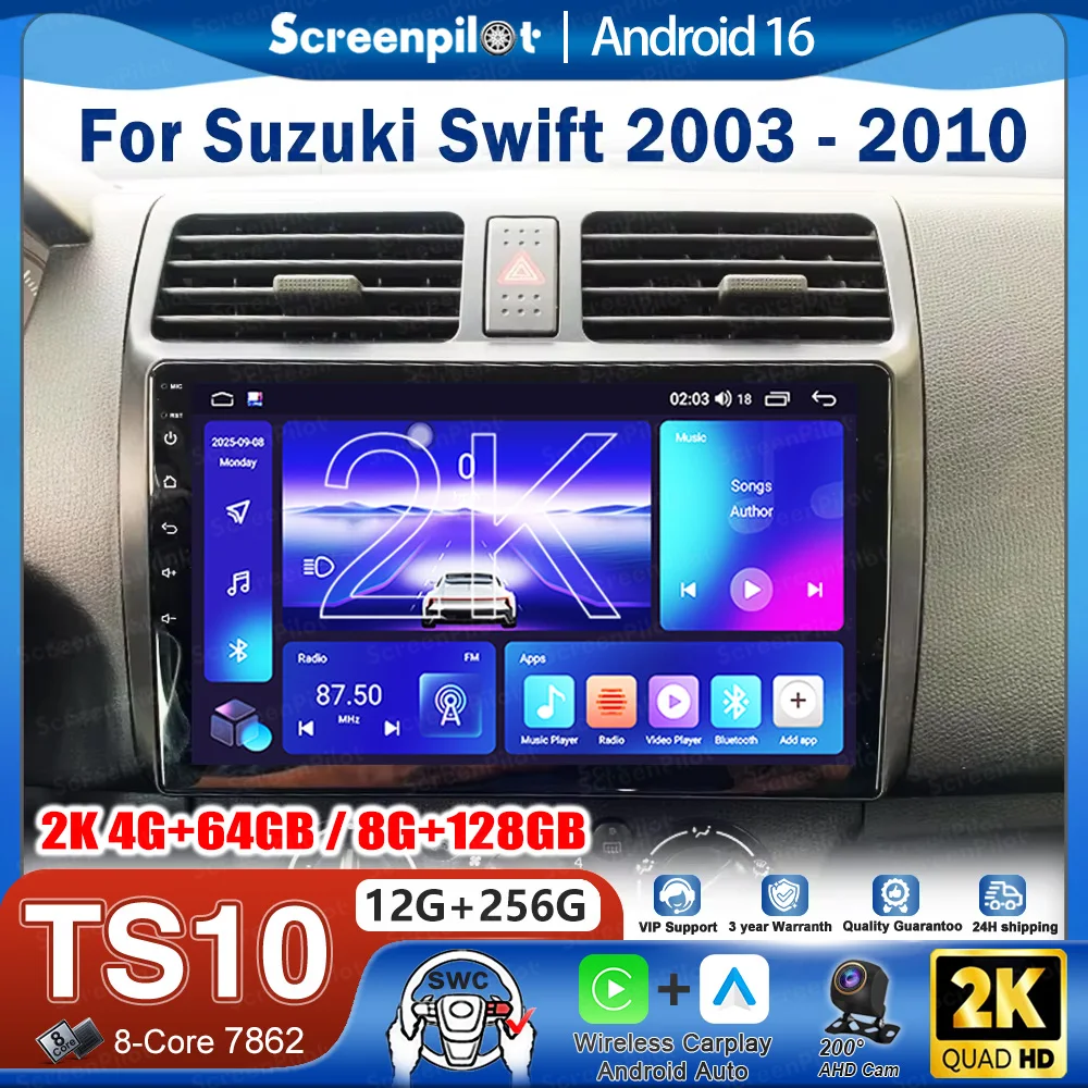 Фото Автомагнитола Android 16 для Suzuki Swift 2003-2010, мультимедийный видеоплеер, GPS-навигация, QLED сенсорный экран, Bluetooth №1