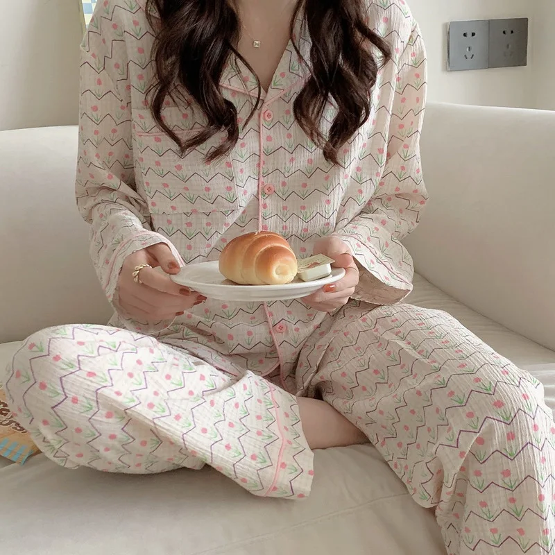 2 Piece Women Set Spring Autumn Long Sleeve Pajamas for Woman Cotton Fashion Sleepwear Flowers Floral Print Sweet Pajama Set