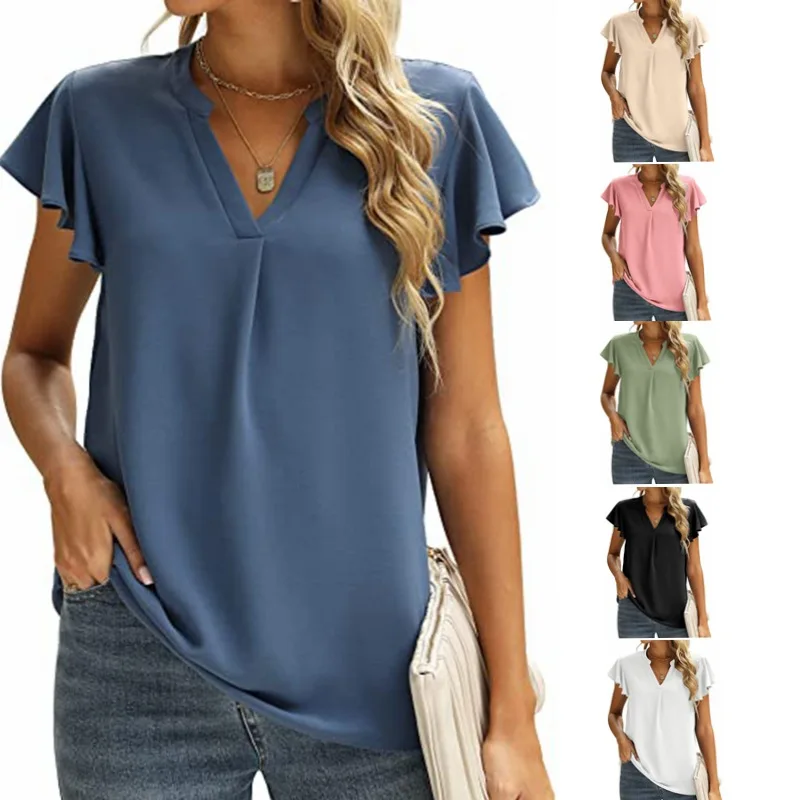 

Women's Fashion V-neck Flying Sleeves Casual Short-sleeved Solid Color Chiffon Shirt Summer Commuting All-match Bottoming Shirt