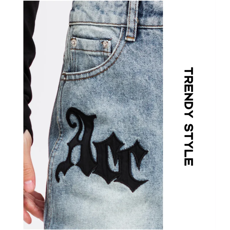 Streetwear Men 2022 Autumn and Winter New Applique Pattern Self-cultivation Blue Pencil Pants Vintage Recreational Jeans Female