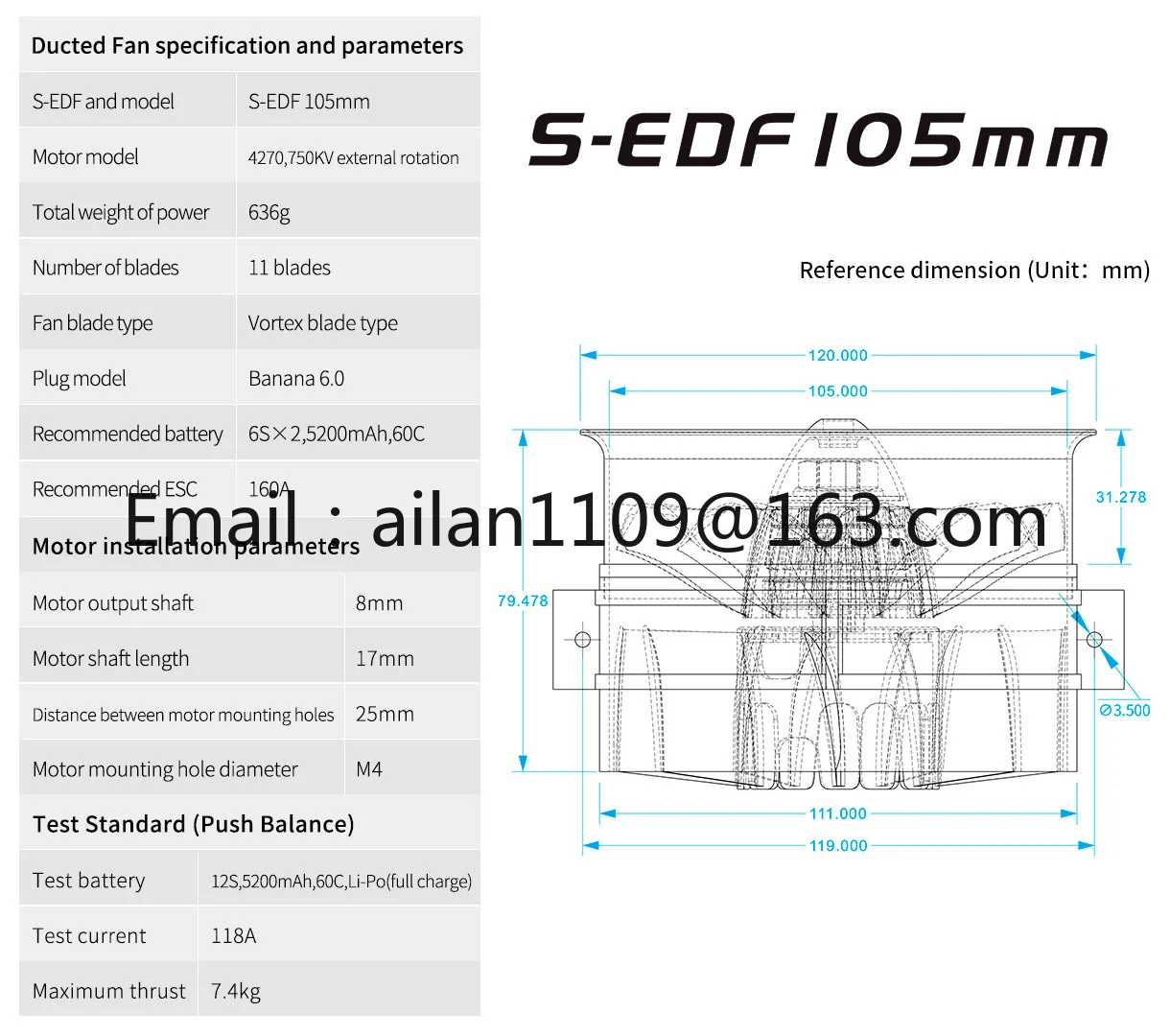 105 мм EDF с 150A ESC Semimetallic-Электрический Ducted Fan 12S 750KV 7 4 kg упорный для радиоуправляемого
