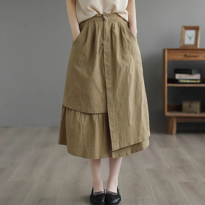 

NINI WONDERLAND Summer New Solid Color Cotton Casual A-line Skirt 2023 Women's Elastic Waist Irregular Loose Skirt Lady Skirts