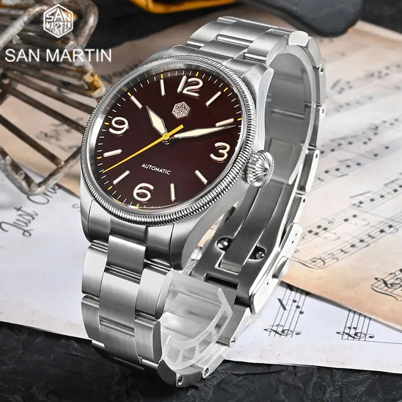 

San Martin Retro Men Pilot Watch Carved Coin Bezel Sapphire Crystal NH35 Automatic Mechanical Wrist watch 10Bar Waterproof BGW-9