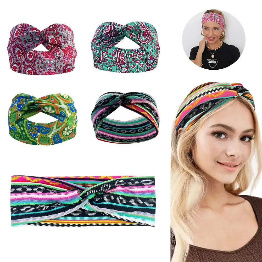 

Богемные спортивные головные повязки, эластичные головные повязки с крестом, головной убор с цветком кешью для женщин, Спортивная головная повязка Q8F8