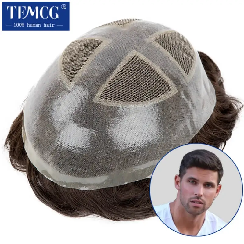 Toupee Men Breathable Lace PU Male Hair Prosthesis 100% Natural Human Hair System with Skin Around Wigs For Man Free Shipping