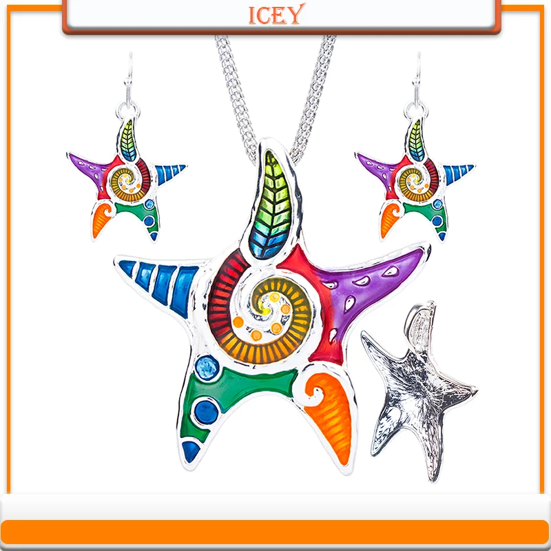 

1set NEW Starfish Necklace Earrings Set Alloy Unique Starfish Design Gift Animal Pendant Jewelry Sets Rainbow Charm Accessories